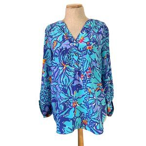 Lilly Pulitzer Women's Size M Del Ray Silk Blouse Mai Tai Floral Print